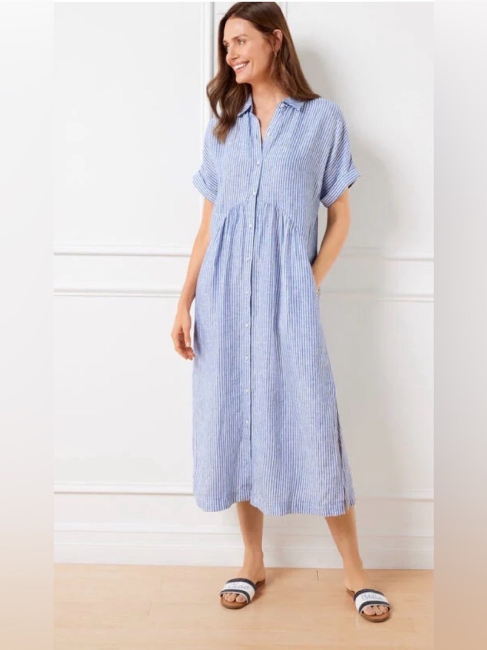 TALBOTS DROP WAIST LINEN SHIRTDRESS Light Blue Striped Button-Front, Size xl